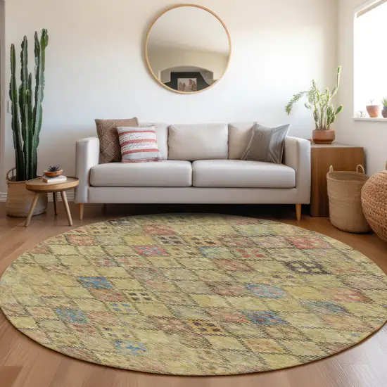 8' Gold Pink And Blue Round Geometric Washable Indoor Outdoor Area Rug Photo 8