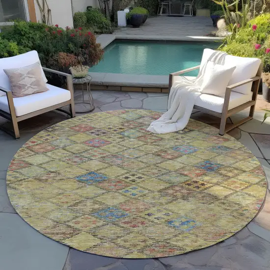 8' Gold Pink And Blue Round Geometric Washable Indoor Outdoor Area Rug Photo 7