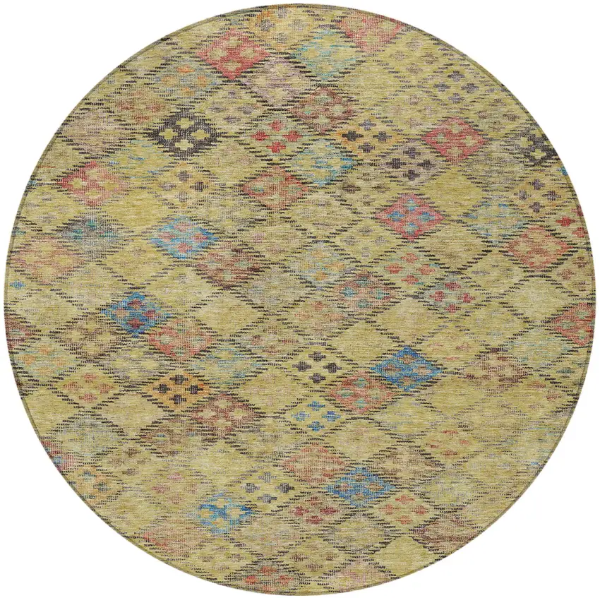 8' Gold Pink And Blue Round Geometric Washable Indoor Outdoor Area Rug Photo 6