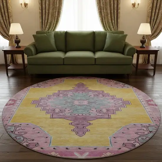 8' Gold Pink And Teal Oriental Washable Round Rug With UV Protection Photo 2