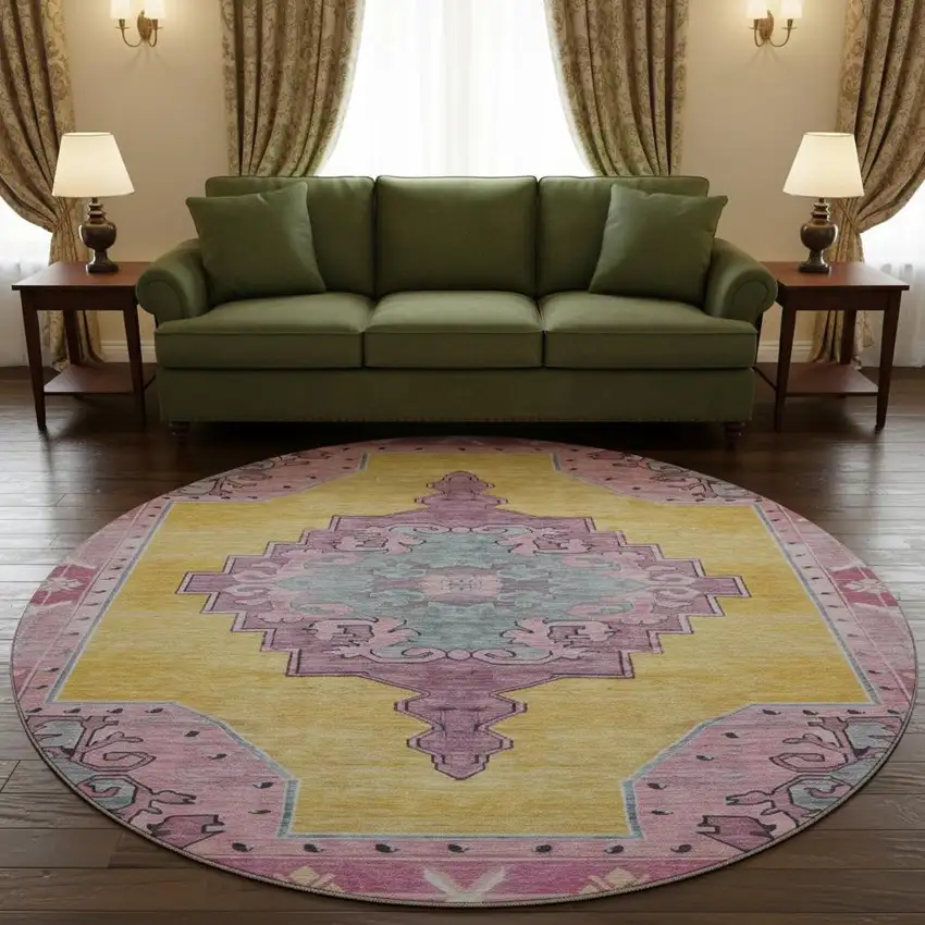 8' Gold Pink And Teal Oriental Washable Round Rug With UV Protection Photo 2