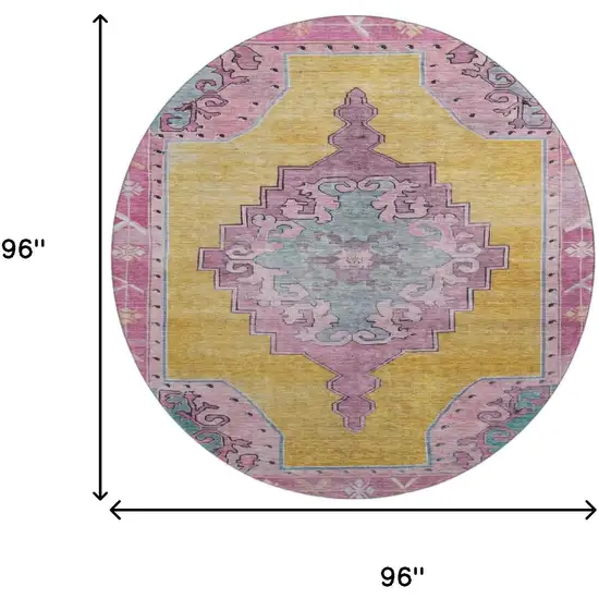 8' Gold Pink And Teal Oriental Washable Round Rug With UV Protection Photo 9