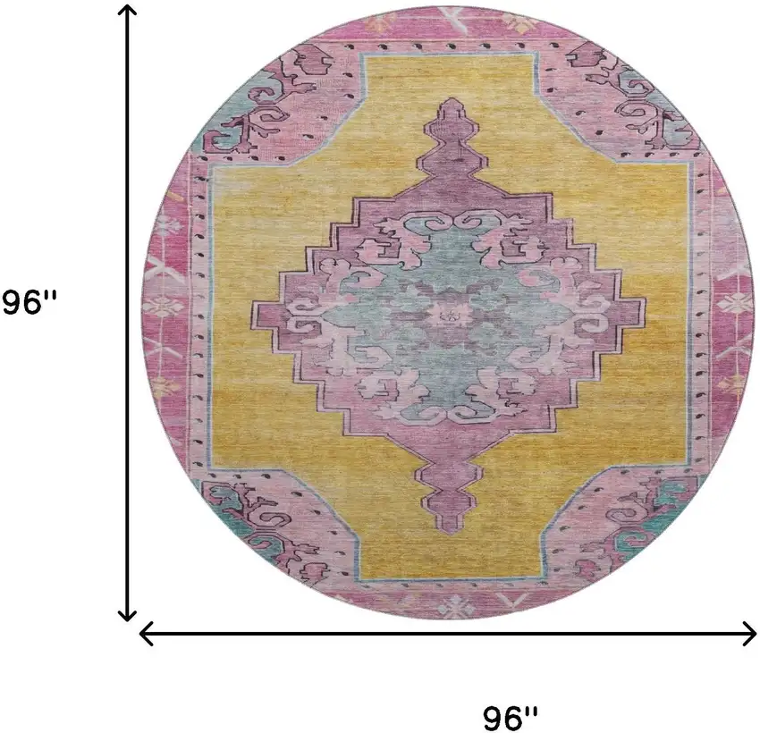 8' Gold Pink And Teal Oriental Washable Round Rug With UV Protection Photo 9
