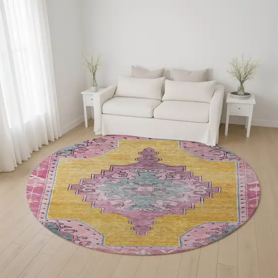 8' Gold Pink And Teal Oriental Washable Round Rug With UV Protection Photo 4
