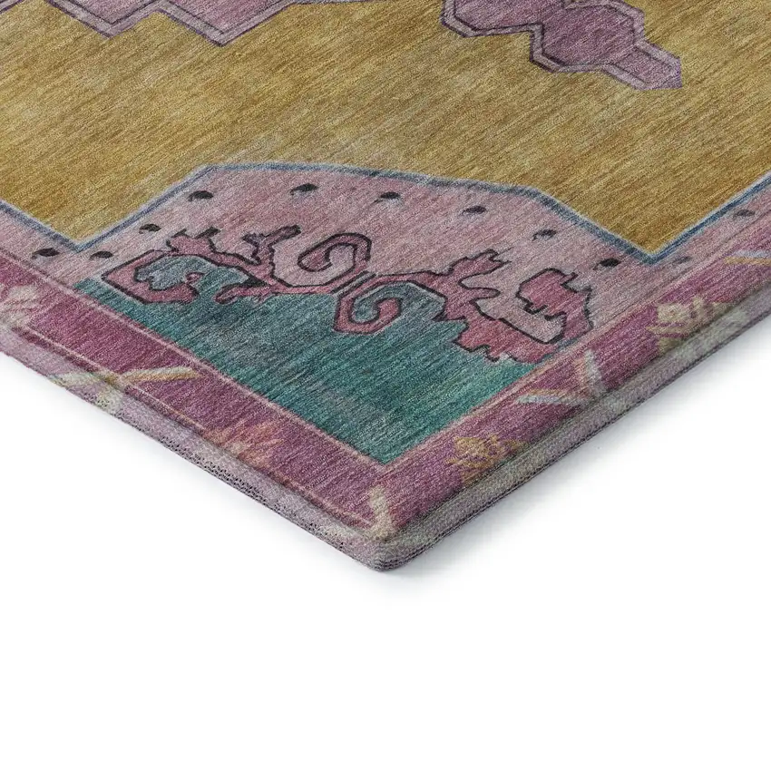 8' Gold Pink And Teal Oriental Washable Round Rug With UV Protection Photo 6