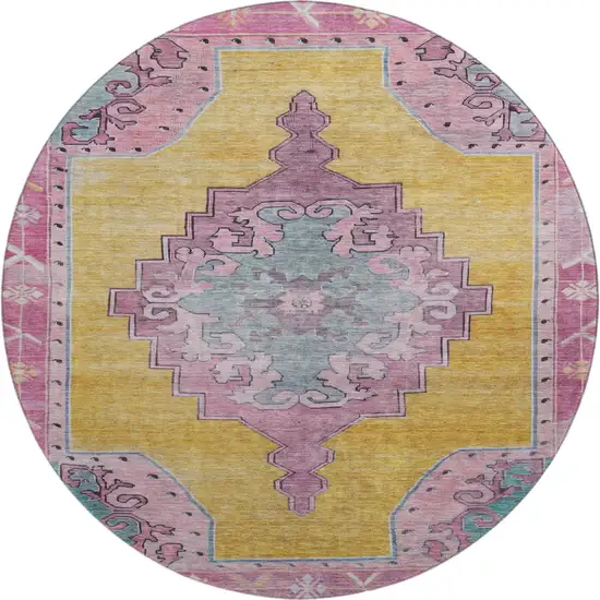 8' Gold Pink And Teal Oriental Washable Round Rug With UV Protection Photo 1