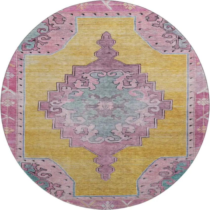 8' Gold Pink And Teal Oriental Washable Round Rug With UV Protection Photo 1