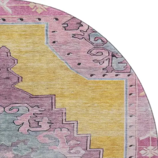 8' Gold Pink And Teal Oriental Washable Round Rug With UV Protection Photo 3