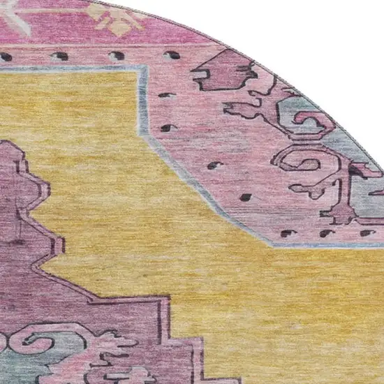 8' Gold Pink And Teal Oriental Washable Round Rug With UV Protection Photo 2