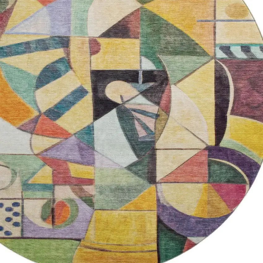 8' Gold Purple And Ivory Abstract Washable Round Rug With UV Protection Photo 2