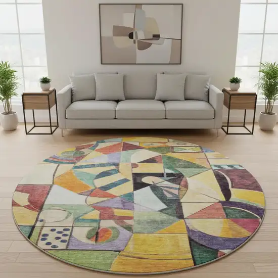 8' Gold Purple And Ivory Abstract Washable Round Rug With UV Protection Photo 2