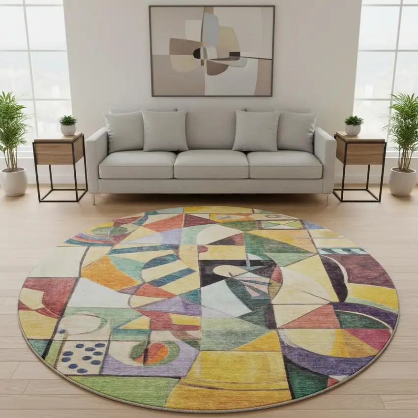 8' Gold Purple And Ivory Abstract Washable Round Rug With UV Protection Photo 2