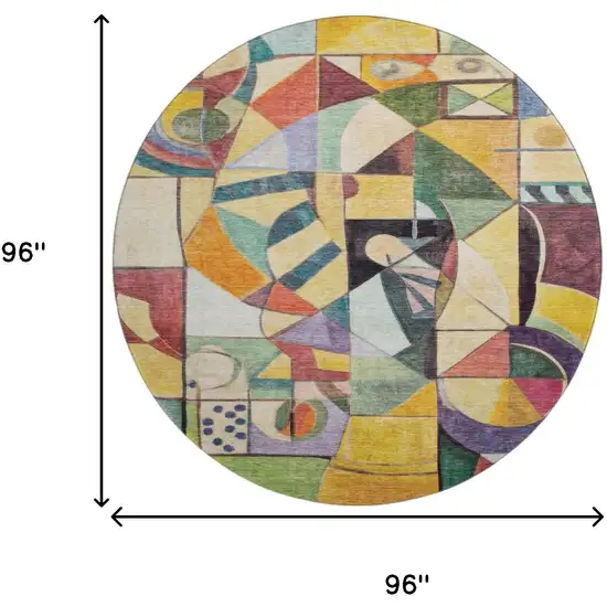 8' Gold Purple And Ivory Abstract Washable Round Rug With UV Protection Photo 9