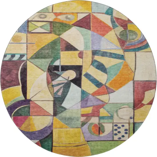 8' Gold Purple And Ivory Abstract Washable Round Rug With UV Protection Photo 3