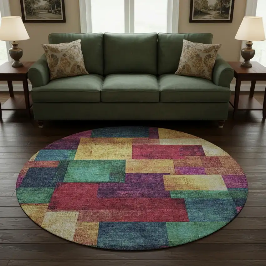 8' Gold Purple And Red Geometric Washable Round Rug With UV Protection Photo 2