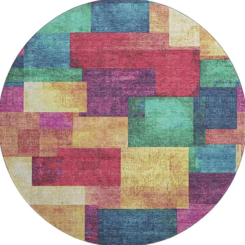 8' Gold Purple And Red Geometric Washable Round Rug With UV Protection Photo 4