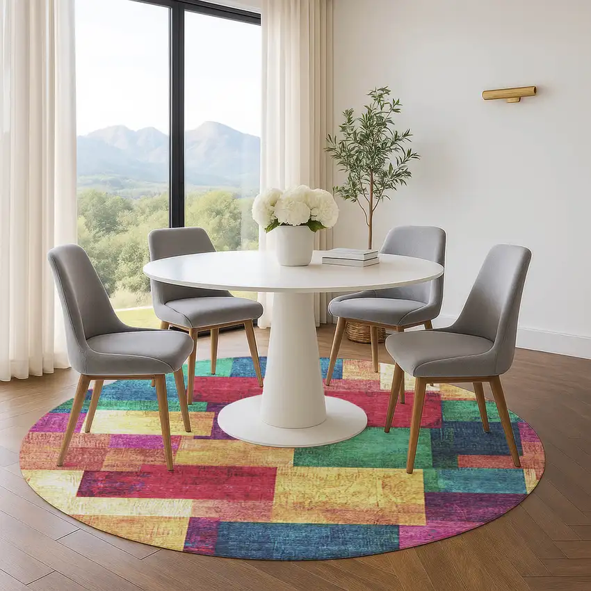 8' Gold Purple And Red Geometric Washable Round Rug With UV Protection Photo 5