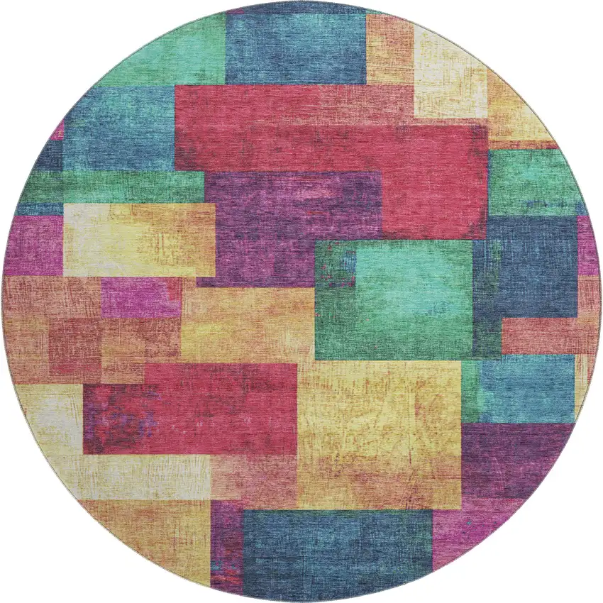 8' Gold Purple And Red Geometric Washable Round Rug With UV Protection Photo 1