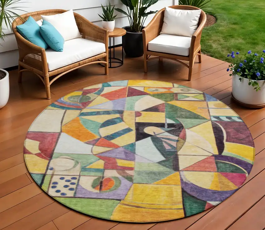 8' Gold Purple Orange And Blue Round Abstract Washable Indoor Outdoor Area Rug Photo 2