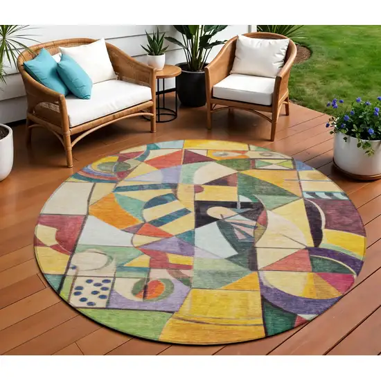 8' Gold Purple Orange And Blue Round Abstract Washable Indoor Outdoor Area Rug Photo 3