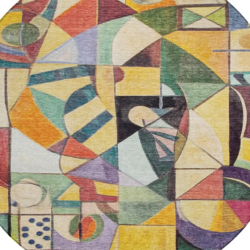 8' Gold Purple Orange And Blue Round Abstract Washable Indoor Outdoor Area Rug Photo 5