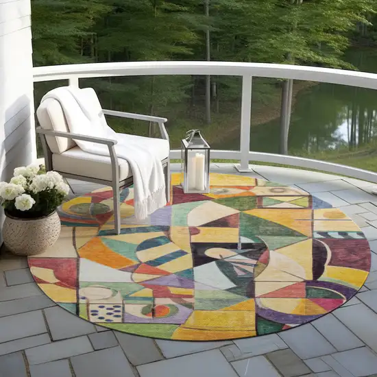 8' Gold Purple Orange And Blue Round Abstract Washable Indoor Outdoor Area Rug Photo 6