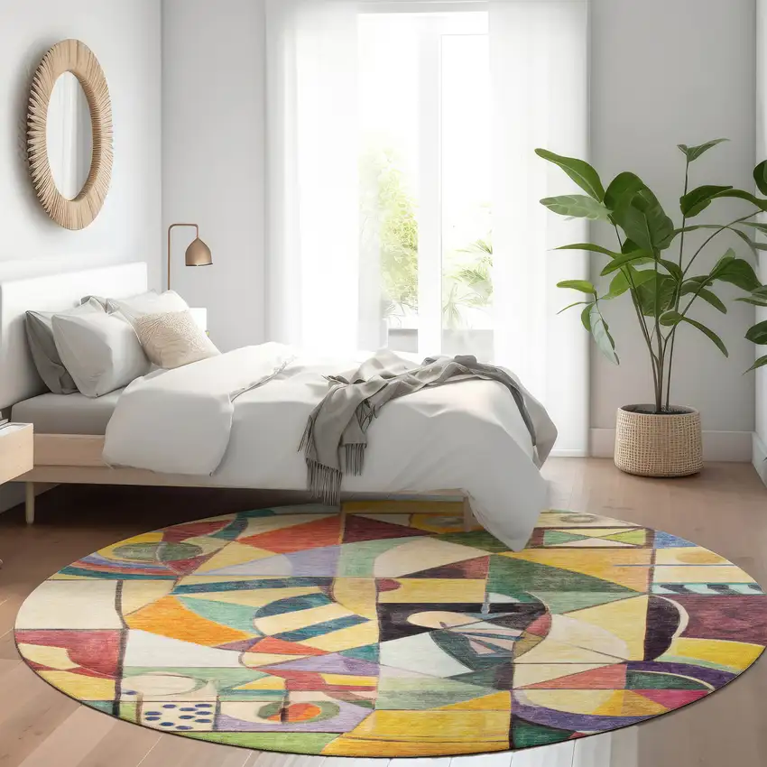 8' Gold Purple Orange And Blue Round Abstract Washable Indoor Outdoor Area Rug Photo 7