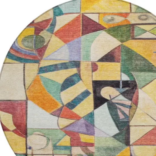 8' Gold Purple Orange And Blue Round Abstract Washable Indoor Outdoor Area Rug Photo 9