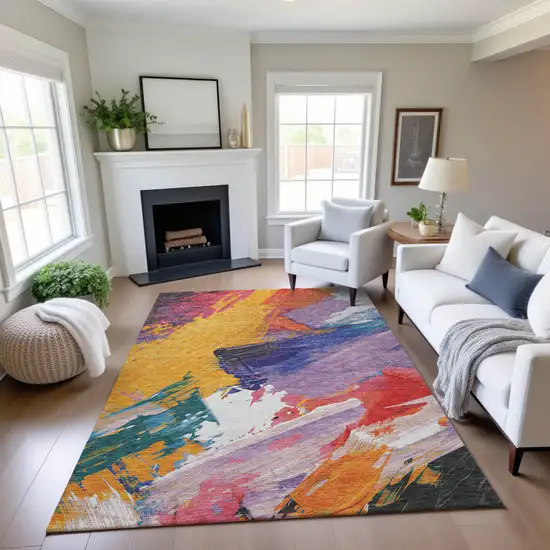 8' Gold Purple Teal And Red Abstract Washable Area Rug With UV Protection Photo 2