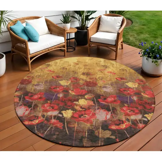 8' Gold Red And Brown Round Floral Washable Indoor Outdoor Area Rug Photo 1