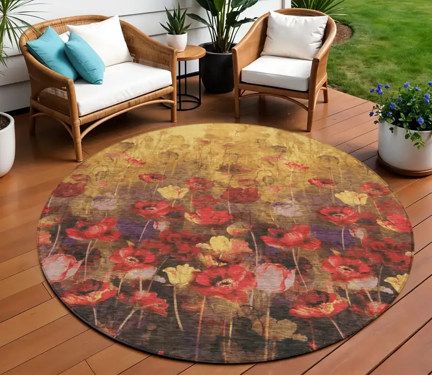 8' Gold Red And Brown Round Floral Washable Indoor Outdoor Area Rug Photo 1