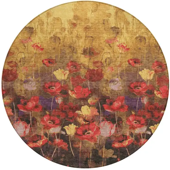 8' Gold Red And Brown Round Floral Washable Indoor Outdoor Area Rug Photo 5