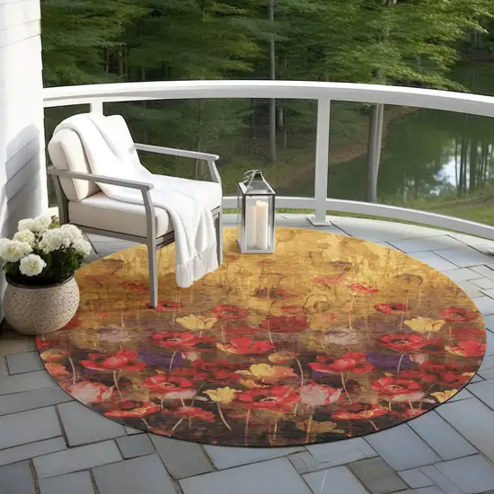 8' Gold Red And Brown Round Floral Washable Indoor Outdoor Area Rug Photo 6