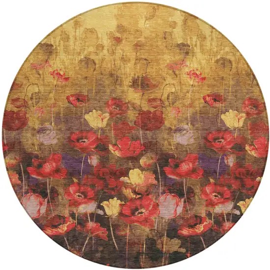 8' Gold Red And Brown Round Floral Washable Indoor Outdoor Area Rug Photo 2