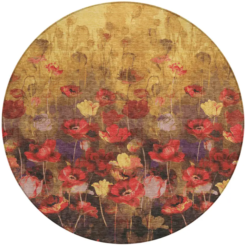 8' Gold Red And Brown Round Floral Washable Indoor Outdoor Area Rug Photo 2