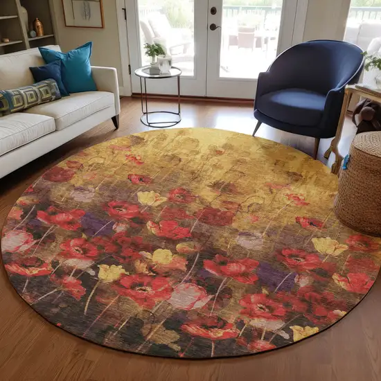8' Gold Red And Brown Round Floral Washable Indoor Outdoor Area Rug Photo 7