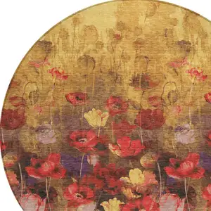Photo of 8' Gold Red And Brown Round Floral Washable Indoor Outdoor Area Rug