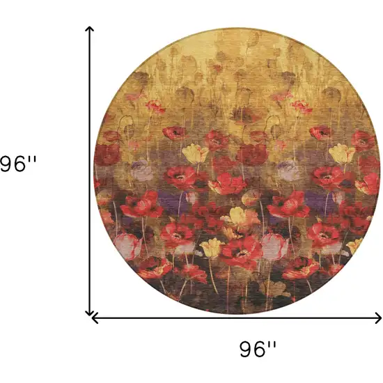 8' Gold Red And Brown Round Floral Washable Indoor Outdoor Area Rug Photo 3