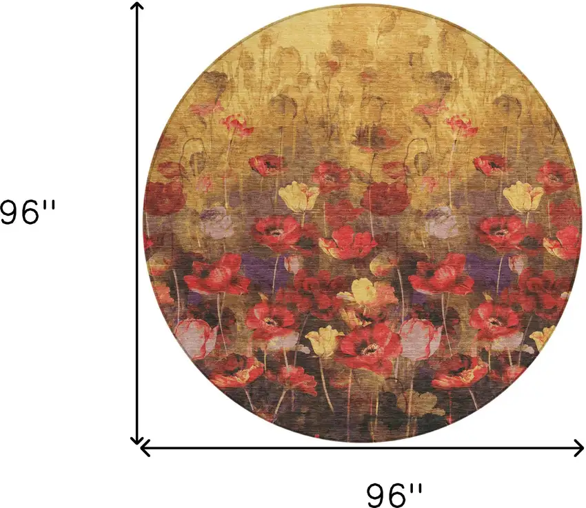 8' Gold Red And Brown Round Floral Washable Indoor Outdoor Area Rug Photo 3
