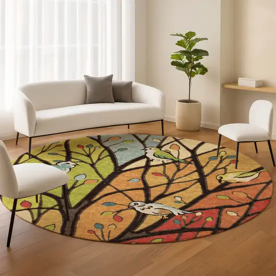 8' Gold Red And Green Round Botanical Leaves Washable Indoor Outdoor Area Rug Photo 9