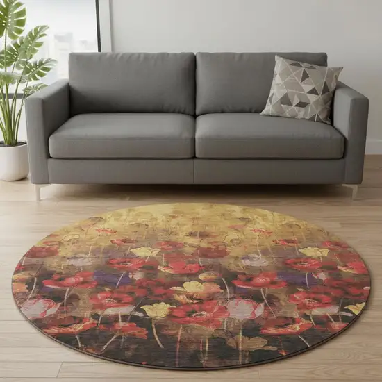 8' Gold Red And Yellow Floral Washable Round Rug With UV Protection Photo 2