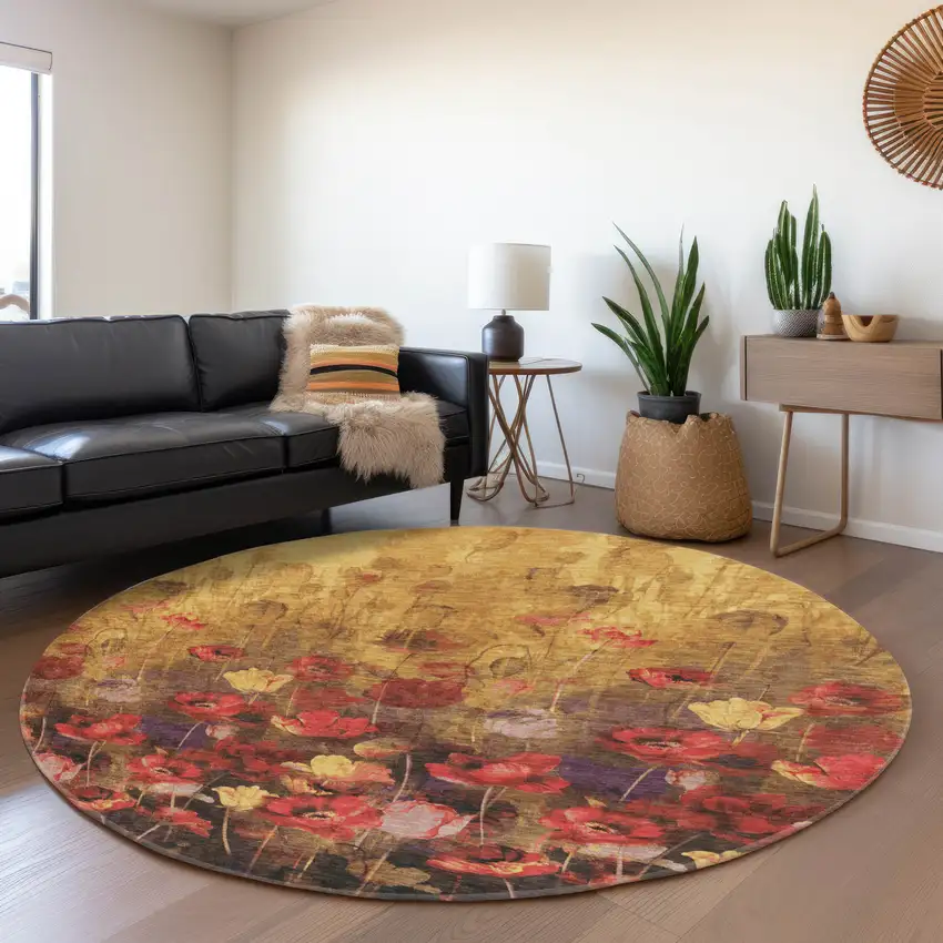 8' Gold Red And Yellow Floral Washable Round Rug With UV Protection Photo 4