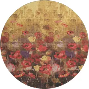 Photo of 8' Gold Red And Yellow Floral Washable Round Rug With UV Protection