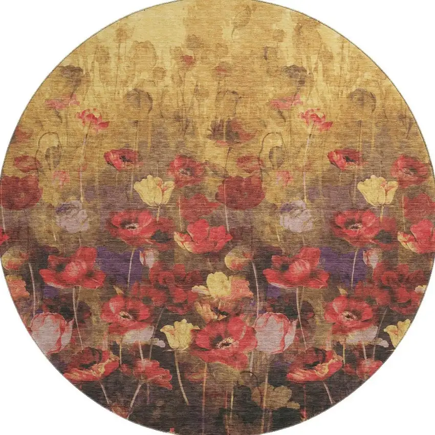 8' Gold Red And Yellow Floral Washable Round Rug With UV Protection Photo 3