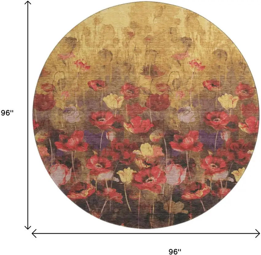8' Gold Red And Yellow Floral Washable Round Rug With UV Protection Photo 9