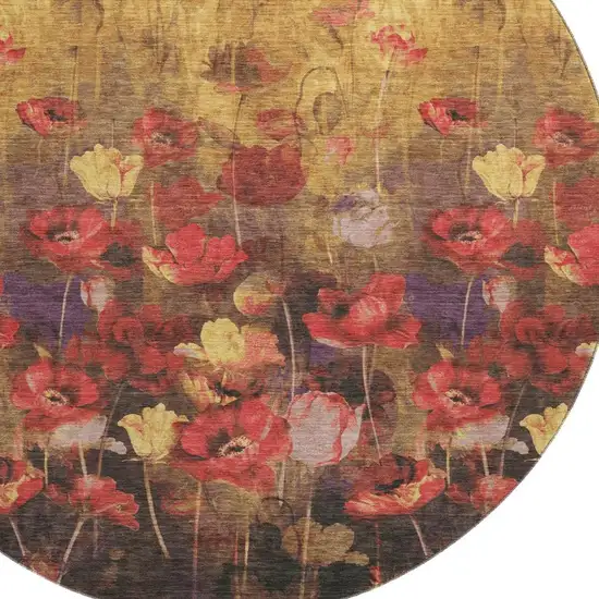 8' Gold Red And Yellow Floral Washable Round Rug With UV Protection Photo 2