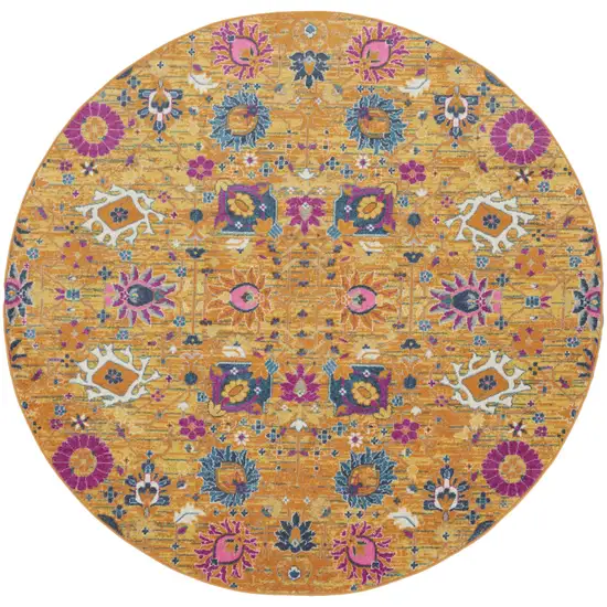 8' Gold Round Floral Power Loom Area Rug Photo 1