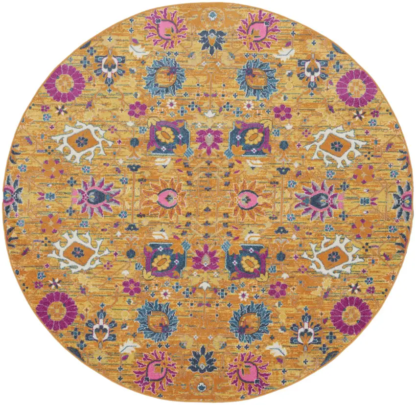 8' Gold Round Floral Power Loom Area Rug Photo 1