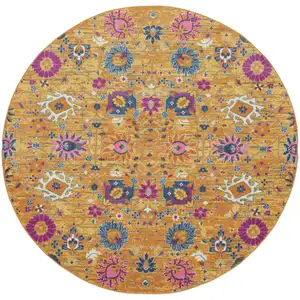 Photo of 8' Gold Round Floral Power Loom Area Rug
