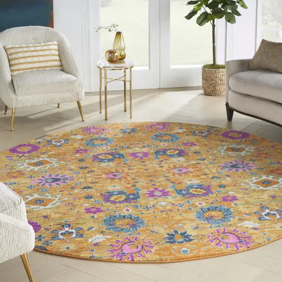 8' Gold Round Floral Power Loom Area Rug Photo 7